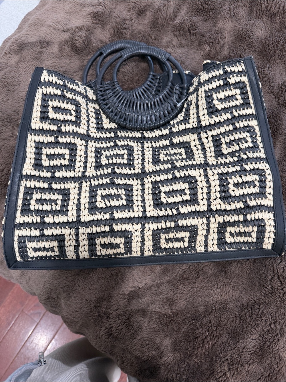 Woven Straw Tote Bag with Black Trim
